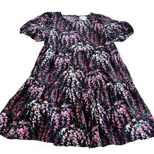 Crewcuts Girls Black  Floral A-Line Tiered Puff Sleeve Dress size 4